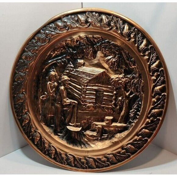 Vintage 20" Copper Wall Hanging/Plate Log Cabin and Pilgrims